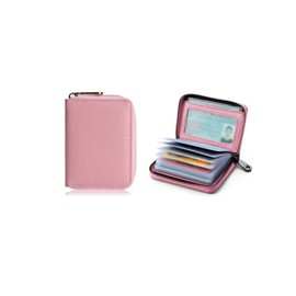 Geettcaifu Genuine Leather Credit Card Holder, Wallet Case, Bank Card Case, RFID Blocking Secure Card Case, ID Case, Organizer Zipper Wallet 1 Pcs - Pink