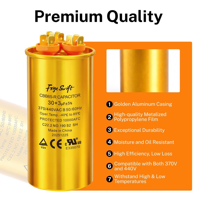 FrigeSwift 30+3uF CBB65 Dual Run Capacitor 370/440VAC 1-Pack