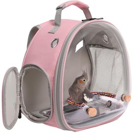 Small Bird Travel Backpack Carrier Cage, Backpack to Transport Backpack Carrier with Metal Tray Stand Perch for Parakeet Cockatiel Budgies Vet Carry Book Bag (Pink)