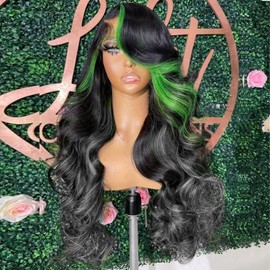 TATALING 13x6 Lace Front Wigs 250 Density HD Lace Frontal Body Wave Pre Plucked Glueless Wigs Highlights Black with Green Streak Colorfull Synthetic lace front wig for Black Women 26 inch