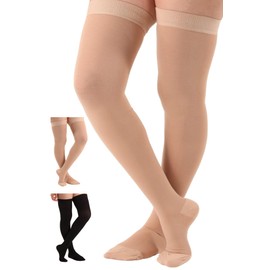 ABSOLUTE SUPPORT Opaque Graduated Compression Thigh High Stockings for Women and Men 20-30mmHg | For Varicose Veins Circulation during Pregnancy - Beige, Large, A203BE4