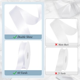 woric White Ribbon 1 inch 60 Yards Double Faced White Satin Ribbon for Crafts Gift Wrapping DIY Bows Wedding Invitation Mother's Day Decorations