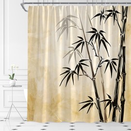 MSAYNFG Vintage Bamboo Shower Curtain Retro Asian Painting Plants Botanical Traditional Style Watercolor Nature Fabric Bathroom Decor Set with Hooks(70" Wx70 H)