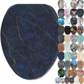 Sanilo Soft Close Toilet Seat ELONGATED, Quiet and Slow Close Lid and Seat, Strong Bumpers and Hinges (Marble Dark Blue)