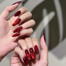 Stiletto Fake Nails - 24PCS Red Almond Press On Nails Cat Eye Design - Glitter False Nails Medium Long - Glossy Stick On Nails with Glue -Charm Cute Full Cover Acrylic on Nails DIY for Women and Girls