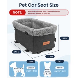 BurgeonNest Armrest Medium Sized Dog Car Seat - Portable Pet Booster Center Console Carseat Up to 15lbs, Safe Comfort Car Travel with Metal Frame, Pee Pad, Washable Fluffy Cushion and Interior, Grey