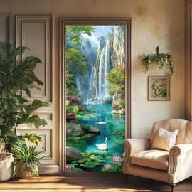 arricraft 2 Pcs Self-Adhesive Door Stickers, 31.5"x78.7" Swan Water Lily Flower Plant Green Scenery Pattern Door Murals Stickers PVC Doors Removable Wallpaper Decoration for Bedrooms Living Room