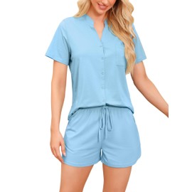 Vlazom Women's Cotton Pyjamas Set, Button Down Soft Pj's Sets Short Sleeve Top and Shorts for Summer Loungewear Sleepwear B-Light Blue,S