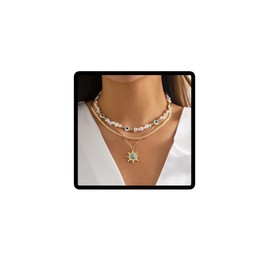 Clataly Sunflower Turquoise Pendant Necklace Gold Vintage Flower Plate Sequin Necklaces Pearl Eye Beaded Necklace Jewelry for Women and Girls (Gold necklace B)