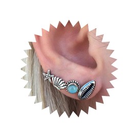 Allereya Vintage Metal Shell Earrings Blue Stone Stud Earrings Shell Earrings Silver Starfish Earrings Set Jewellery for Women and Girls, Zinc, No Gemstone