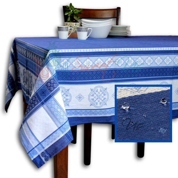 Wipeable Tablecloth Spill Resistant Teflon Coated Floral Geometric Cotton French Provencal Jacquard Tablecloth for Rectangle Tables Sapphire Blue 62 x 116 in