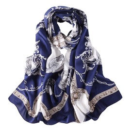 JWSilk Long Charmeuse Silk Fashion Scarf (Navy and White)