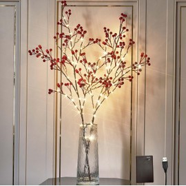 Hairui Red Berry Branches with Lights 32IN Battery Operated and USB Plug in, Lighted Willow Branches with Timer 80 LED Fairy Lights for Home Christmas Decoration Inside