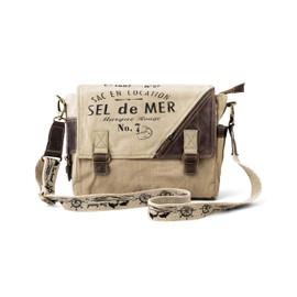 3B-Vintage Print Sel De Mer Upcycled Military Leather Canvas Shoulder Bag Laptop Messenger Bags Medium Crossbody 2 Straps (Fade Biege)