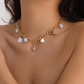 Stocking Stuffers Gifts for Women Charm Necklace for Women Gold Paperclip Chain Necklace Cherry Strawberry Pearl Coin Flower Bow Boot Conch Shell Necklace Colorful Fruit Choker Trendy Stuff