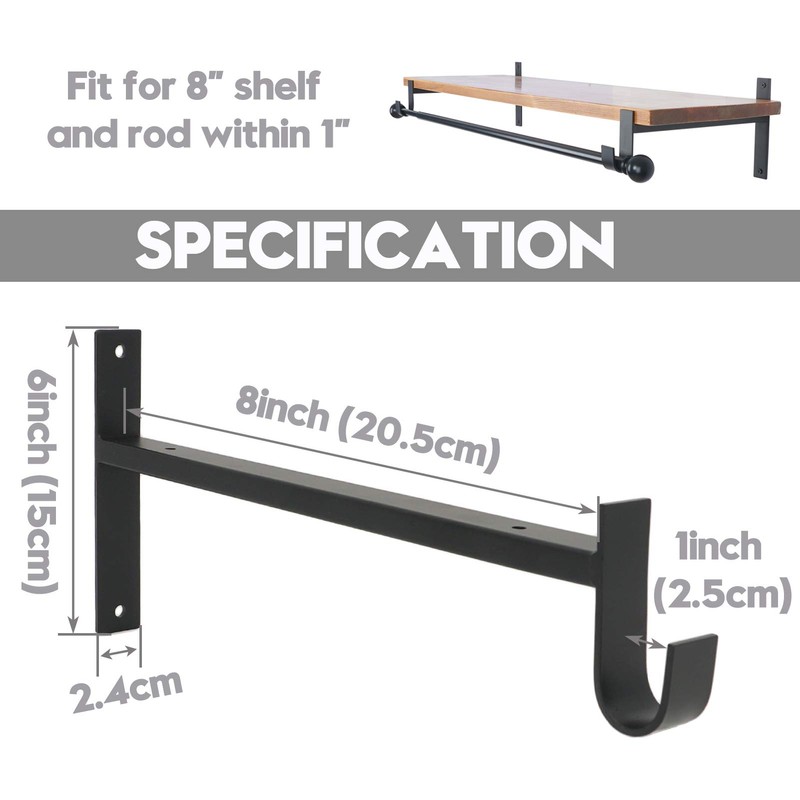 AddGrace Shelf Brackets with Hook, Black Shelf Brackets 8inch, 2pcs