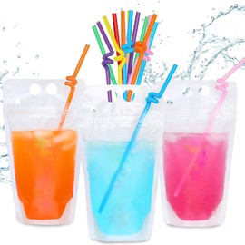 50 Pcs Clear Drink Pouches with Straws - Reclosable Zipper Stand-up Plastic Pouches Bags Drinking Bag with Straws