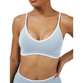 ABOCIW Women's Color Block Sports Bras Seamless Adjustable Spaghetti Straps Workout Gym Bra Wireless Yoga Crop Tops Baby Blue X-Small