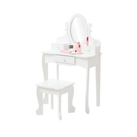 Garvee Kids Vanity Set with Adjustable Angle Mirror, Pretend Play Girls Vanity Table and Chair Set with Mirror, Stool, and Wood Makeup Playset, White