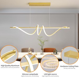 Modern LED Gold Pendant Light, 47IN Ceiling Chandelier Fixtures Dimmable with Remote Control 3000k-6500K Adjustable Color Temperature, Aluminum Island Lighting Lamp for Dining Room, Living Room