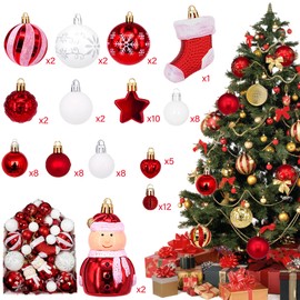 HidWee Pack of 72 Christmas Baubles Plastic Set Red White Classic Christmas Tree Baubles Decoration Christmas Tree Decoration Set with Hanger Shatterproof Christmas Decoration Indoor Outdoor