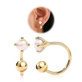 3mm Pearl Hoop Earrings, Huggie Half Hoop Earrings for Women Girls Hypoallergenic Minimalist Tiny Cartilage Stud Earrings with Ball Screw Back Dainty CZ Earrings Jewelry Gifts (Gold)