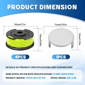 CHIHOLEN Pack of 4 Grass Trimmer Line Spool Compatible with Ryobi RAC143, Replacement Thread Spool for Ryobi RLT36B33 & RY36LT3A-0, Diameter 2 mm - 6.1 m Length, with Spool Cover RAC142 (4 Spool + 1