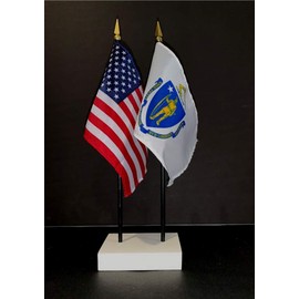 1 American and 1 Massachusetts Miniature Office Flag Set Rayon 4x6 inch Office Flag are American Made Little Hand Waving Table Flags Includes a 2-Hole White Flag Stand