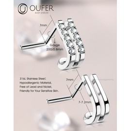 OUFER 2Pcs 20G Nose Studs, Unique Double Rows Silver Nose Rings Studs L-shaped Sparkling CZ Stainless Steel Small Tiny Silver Nose Ring Stud for Women Men-7MM