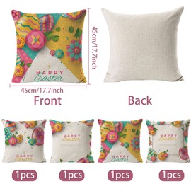 Mecctuck Pack of 4 Easter Cushion Covers, 45 x 45 cm, Decorative Cushion Cover, Easter Decoration, Linen Cushion Covers, Easter Eggs Pattern, Cushion Cover, Sofa Cushion for Easter, Sofa, Couch, Bed,