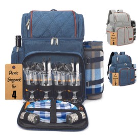 Rnoony Picnic Backpack for Camping, Picnic Basket for 4 with Insulated Cooler Bag and Bottle Pouch, Picnic Bag with Lightweight Blanket and Cutlery Set for Family, Couples and Hiking