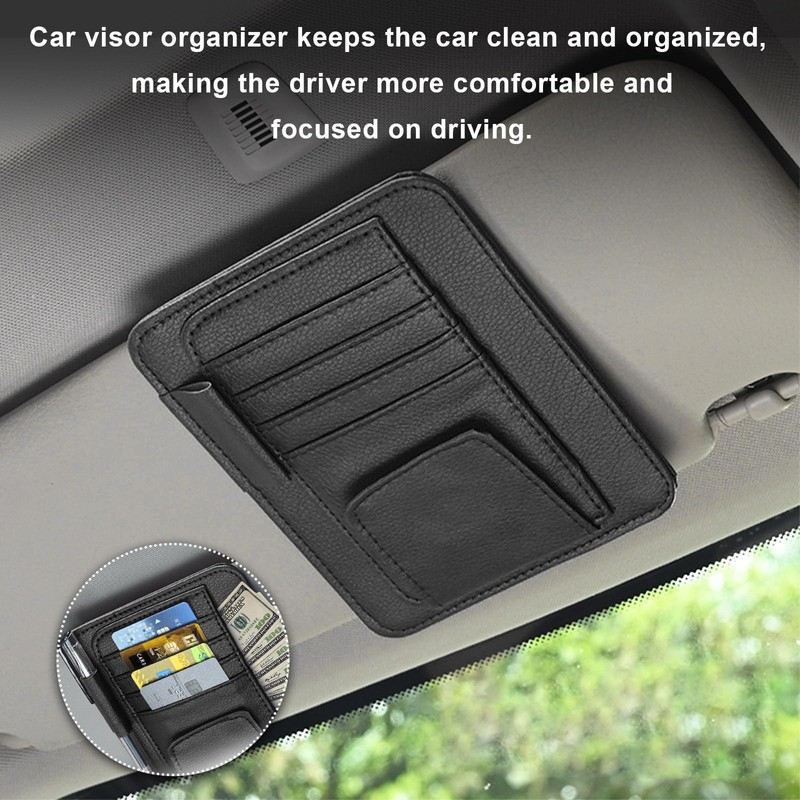 Dickno Small Leather Car Sun Visor Organizer, Multifunctional Auto Visor