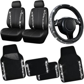 CAR PASS® Diamond Leather Bling Car Seat Covers Front & waterproof Rhinestone Car Floor Mats 4pcs & Sparkly Steering Wheel Cover 15' Universal Shining Interior Sets for 95% SUV Cute Women black silver