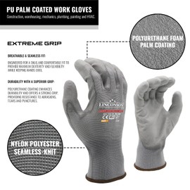 LINCONSON Ultimate Grip Construction & Mechanic Thin Work Gloves with PU Palm Coating (XL (Pack of 12), Grey 12 Pack)