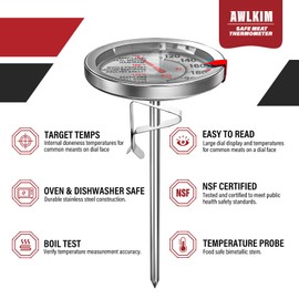 AWLKIM 2 Pack Stainless Steel Meat Thermometer, Safe Leave in Oven, 2.5-in Extra-Large Dial Food Thermometer for Cooking, Temperature Probe for Baking, Candy, Oil, Steak, Turkey - Kitchen Gadgets