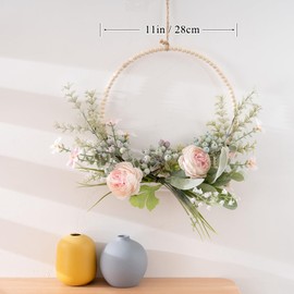 LOMOHOO Wooden Beads Wreath, Spring Wreath Made of Artificial Flowers, Peony Wreath for Front Door, Summer Wreath with Green Leaves, Beads, White Bellflowers for the Wall, Home, Wedding Decoration