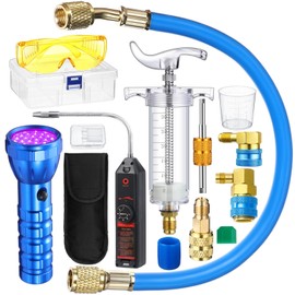 Tellegloww AC Leak Detector Kit R1234yf R134a R410a Hand Push Compressor 1oz/30ml Oil UV Dye Injector Kit Refrigerant Leak Detector Tool Low Side Quick Coupler Mini Split Adapter Glasses Flashlight