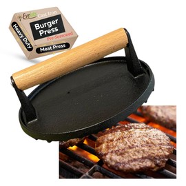 Evelots Cast Iron Burger Press - Heavy Duty Pre-Seasoned Burger Smasher for Grill - Weighted Press for Meat, Grilled Cheese, Panini - Cook Evenly & Faster - Round Wood Handle