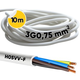 10 m Kalitec H05VV-F Hose Cable 3 x 0.75 mm² I Power Cable 3G 0.75 mm² with Protective Conductor I PVC Cable for Indoor I Electric Cable White I Lamp Cable Flexible I Device Cable 3 Core