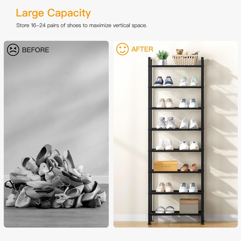 8 Tiers Narrow Shoe Rack 16-24 Pairs, Sturdy Metal Tall