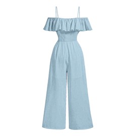 Floerns Girl's Cold Shoulder Ruffle Trim Pants Romper Spaghetti Strap Long Jumpsuit Blue 9Y