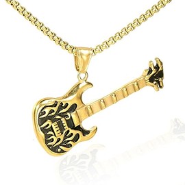 PikaLF Men's Punk Guitar Pendant Necklace Viking Hip Hop Jewelry for Men Boys, Gold, Stainless Steel, Retro, 60 cm Chain, 12.8g, Anniversary, Music, Necklace