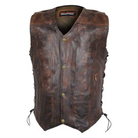 High Mileage Men's Distressed Vintage Brown Premium Cowhide Ten Pocket Leather Motorcycle Vest (Large, Vintage Brown)