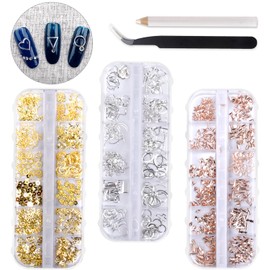 Gold Nail Charms Metal Nail Jewelry, Hollow Rivets Sequins Irregular Geometric Shapes Gold Charms for Nail Art Decoration Kit & Rose Gold Rhinestones for Nails Design with Drill Pen and Tweezers