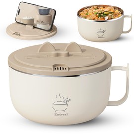 Ramen Bowl Set Noodle Bowls with Lid and Handles, Stainless-Steel Bowls with Drain Hole, Multifunctional Bowl Sets, BPA Free and Dishwasher Safe for Office College Dorm Room Instant Cooking