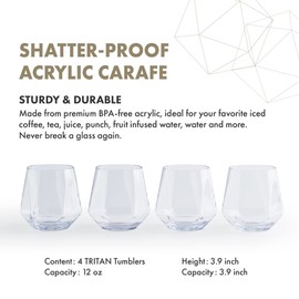 GRANDTIES 12oz Diamond Unbreakable TRITAN Cup set of 4, Plastic Drinking Glasses, BPA-free Stemless Wine Glass, Dishwasher Safe Tumbler, Made in Taiwan- Whisky, Cocktail, Pool, Highball, Party