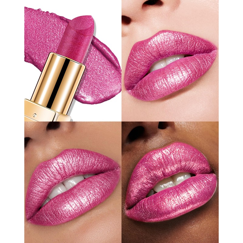 Glitter Metallic Lipstick Long Lasting,Rose Pink Creamy Lip Gloss for