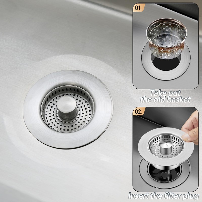 3-in-1 Kitchen Sink Drain Strainer, Upgraded 304 All Stainless Steel