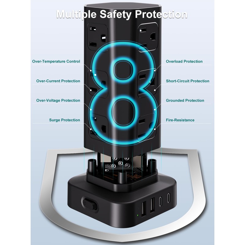 Power Strip Tower Surge Protector, 6FT Flat Plug Extension Cord