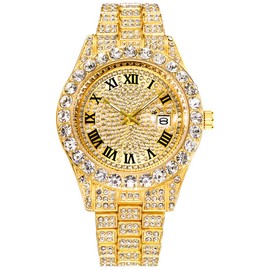 LGXIGE Mens Ice Out Watches Big Rocks with Roman Numerals Fully Colorful Dial Gold Watch (Gold)